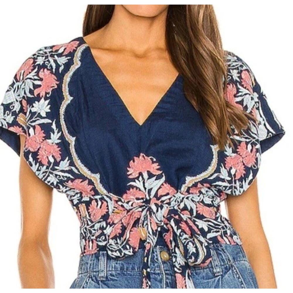 Free People Arielle Boho Top S Floral Printed Blue Pink Ties at Bottom